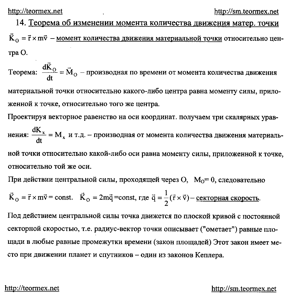 Теорема об изменении момента количества движения материальной точки